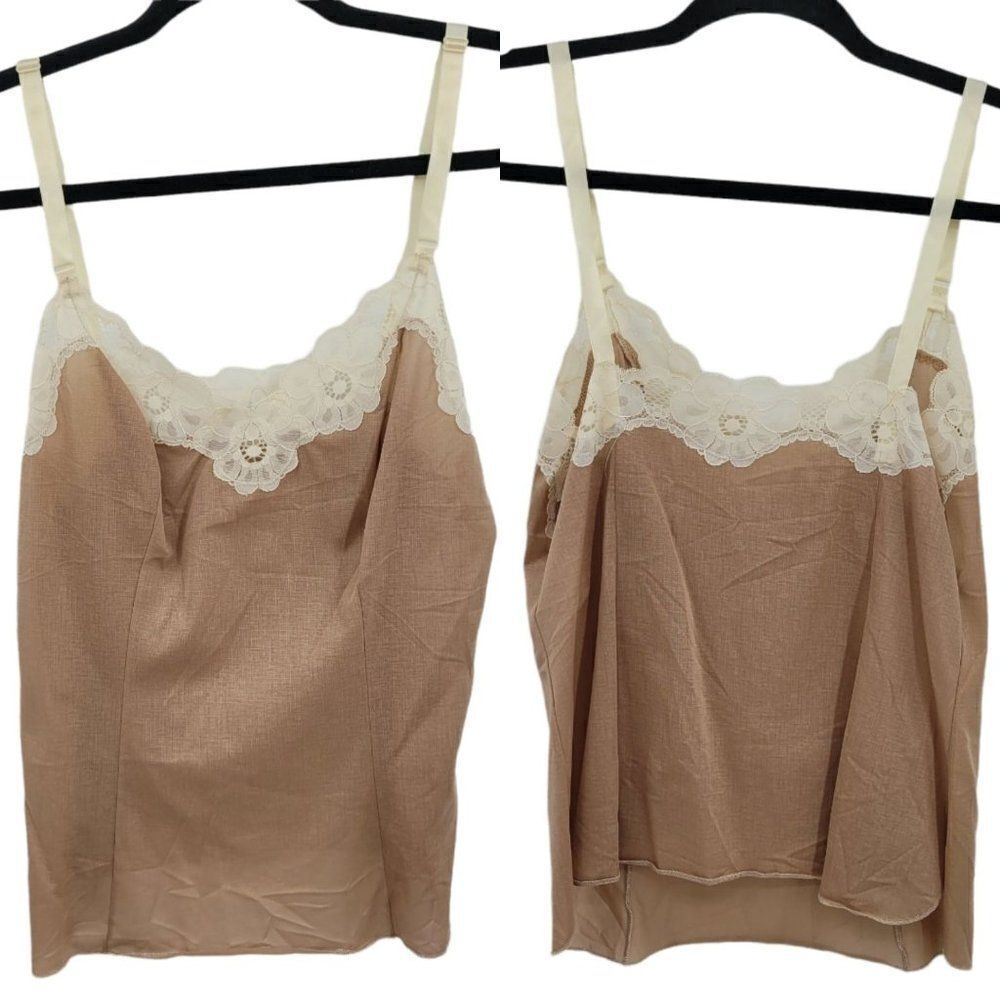 Vtg 80s Womens Olga Lingerie Slip Top Sweetheart Cream Lace Ribbon Strap Tan Sz